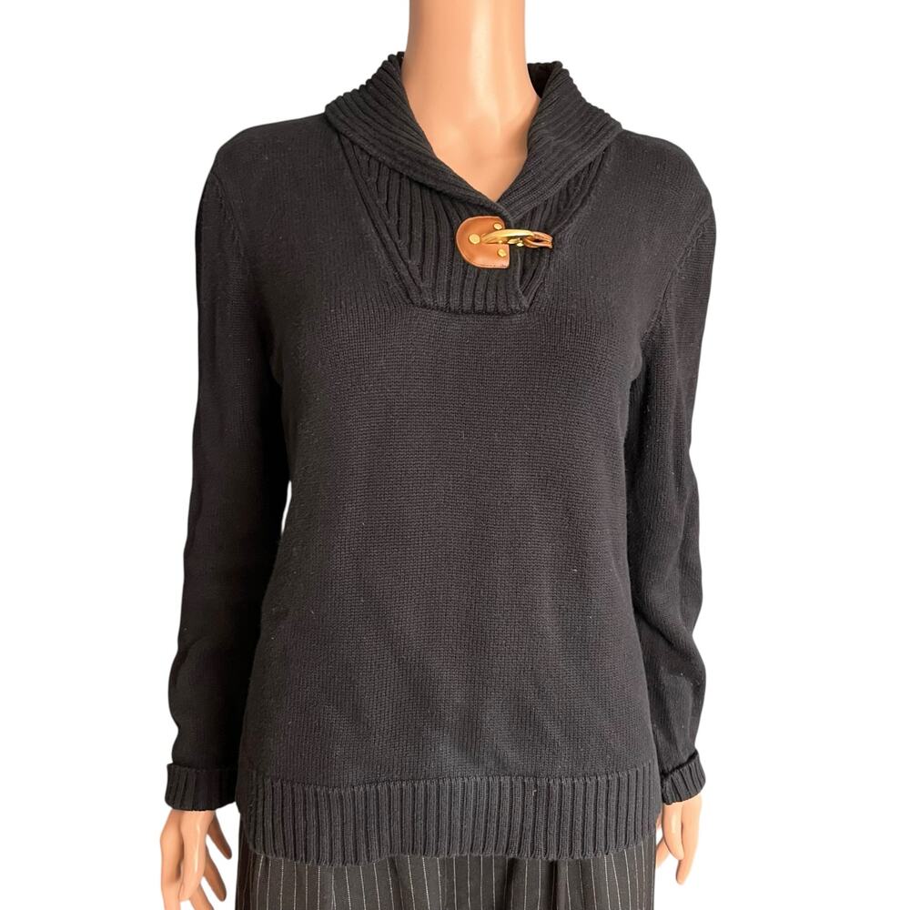 Lauren Ralph Lauren Black Shawl Collar Leather/Brass Buckle Knit Sweater Medium